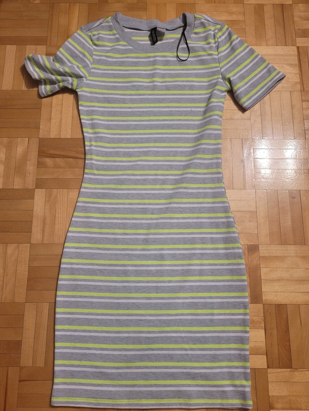 Diveded Gray, White and Lime Striped Ribbed Long Sleeve Dress
